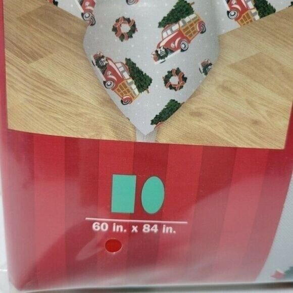 Christmas Vinyl Tablecloth 60" x 84" Oval Oblong Woodie Wagon Car Holiday Dining - Picture 6 of 8